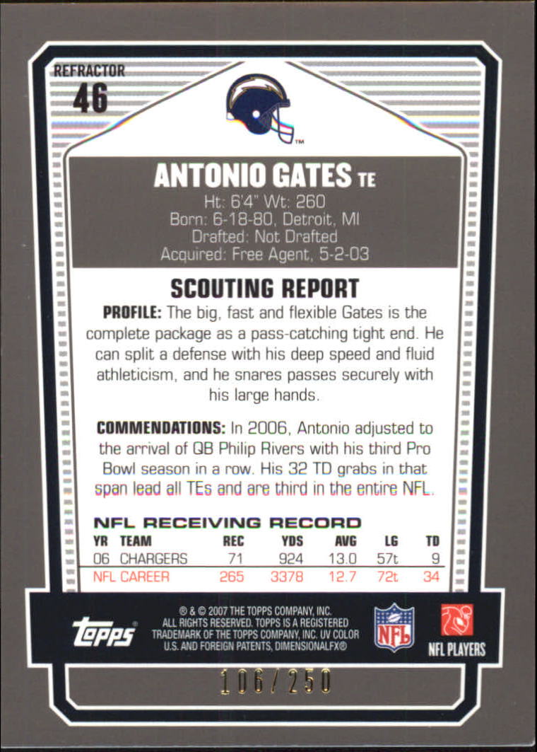 2007 Topps Draft Picks and Prospects Chrome Bronze Refractors #46 Antonio Gates back image