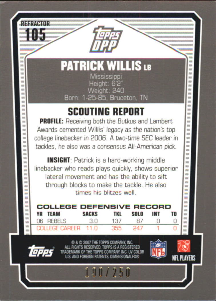 2007 Topps Draft Picks and Prospects Chrome Bronze Refractors #105 Patrick Willis back image