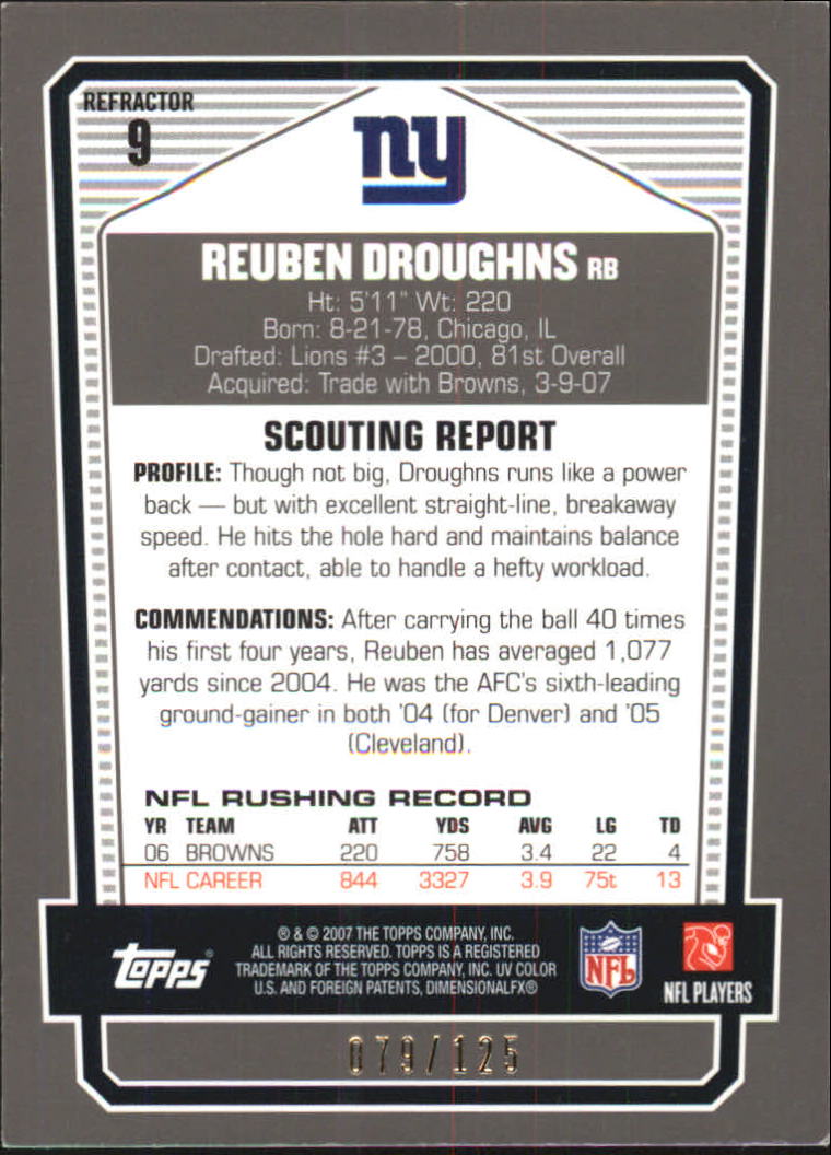 2007 Topps Draft Picks and Prospects Chrome Silver Refractors #9 Reuben Droughns back image