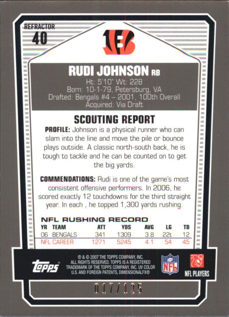 2007 Topps Draft Picks and Prospects Chrome Silver Refractors #40 Rudi Johnson back image