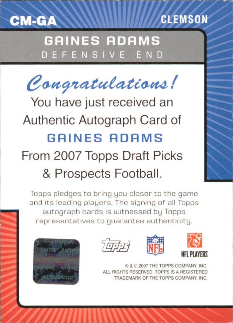 2007 Topps Draft Picks and Prospects Class Marks Autographs #GA Gaines Adams E back image