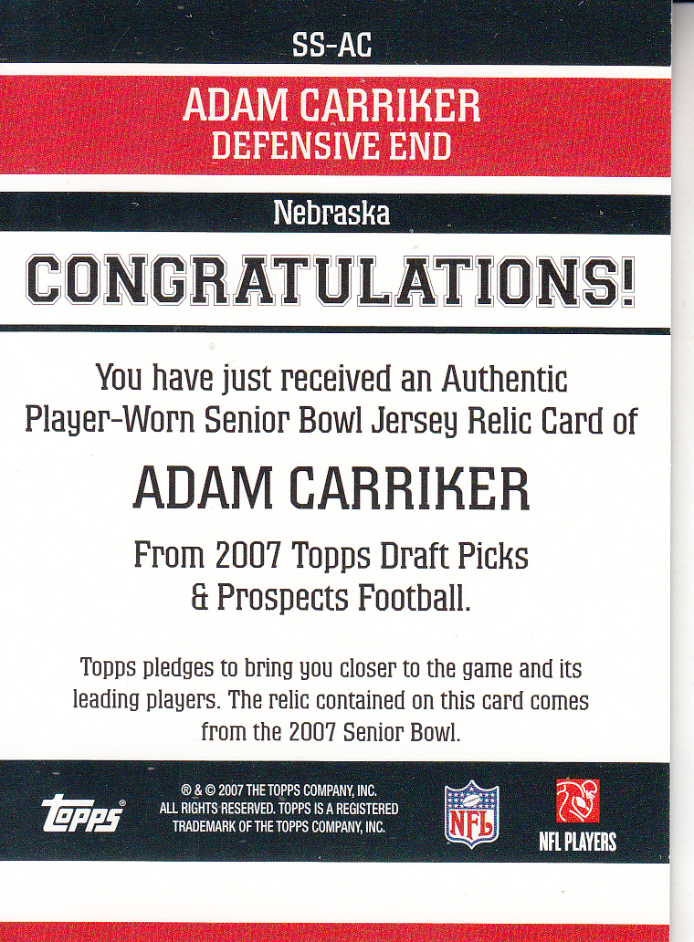 2007 Topps Draft Picks and Prospects Senior Standout Jersey #AC Adam Carriker back image