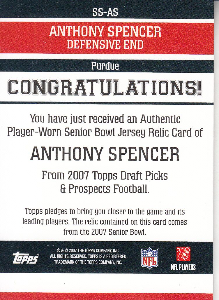 2007 Topps Draft Picks and Prospects Senior Standout Jersey #AS Anthony Spencer back image