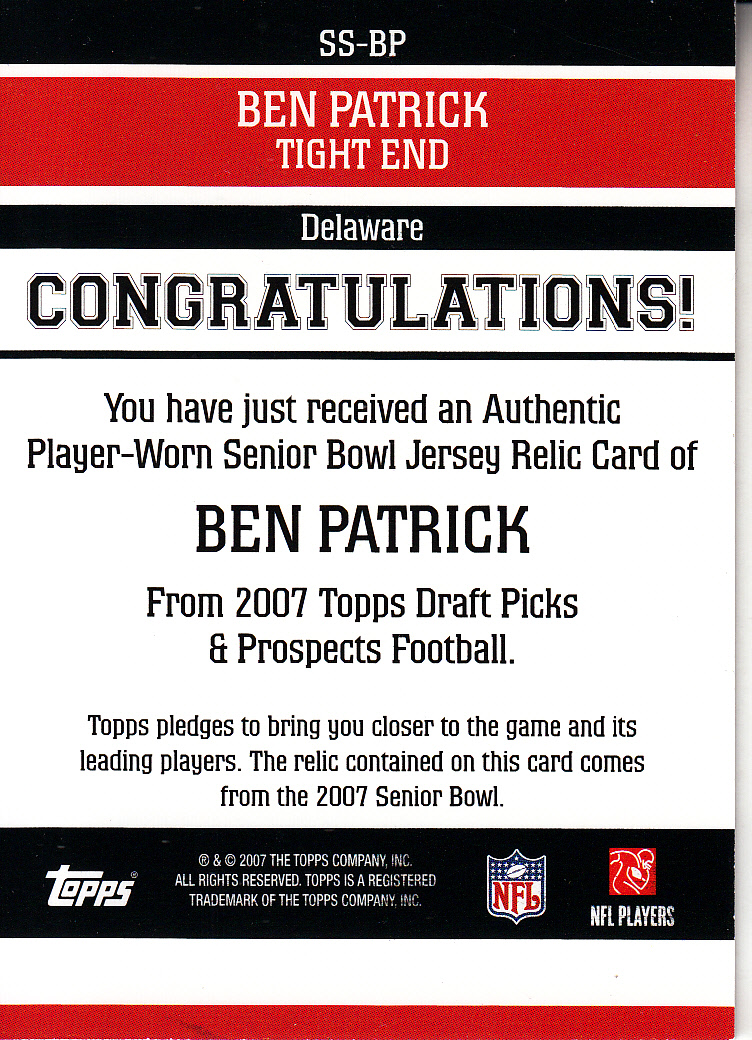 2007 Topps Draft Picks and Prospects Senior Standout Jersey #BP Ben Patrick back image