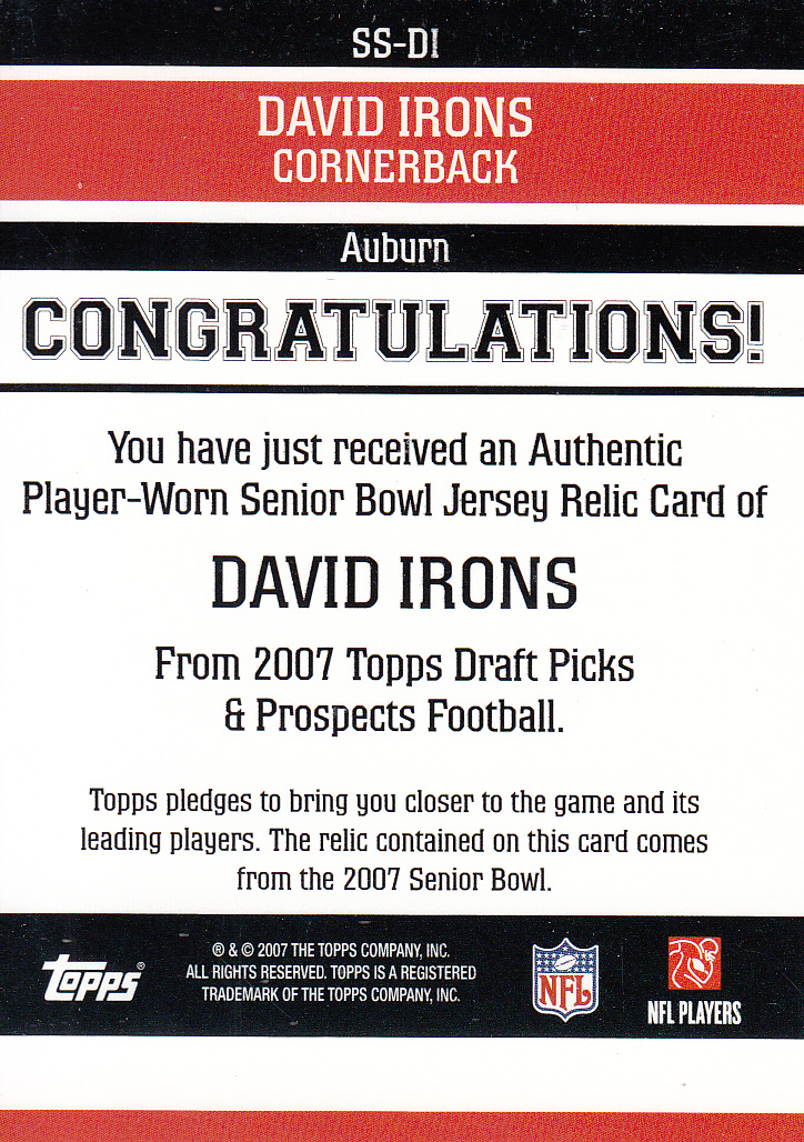 2007 Topps Draft Picks and Prospects Senior Standout Jersey #DI David Irons back image
