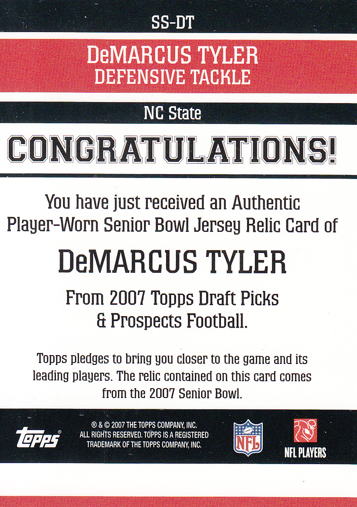 2007 Topps Draft Picks and Prospects Senior Standout Jersey #DT DeMarcus Tank Tyler back image