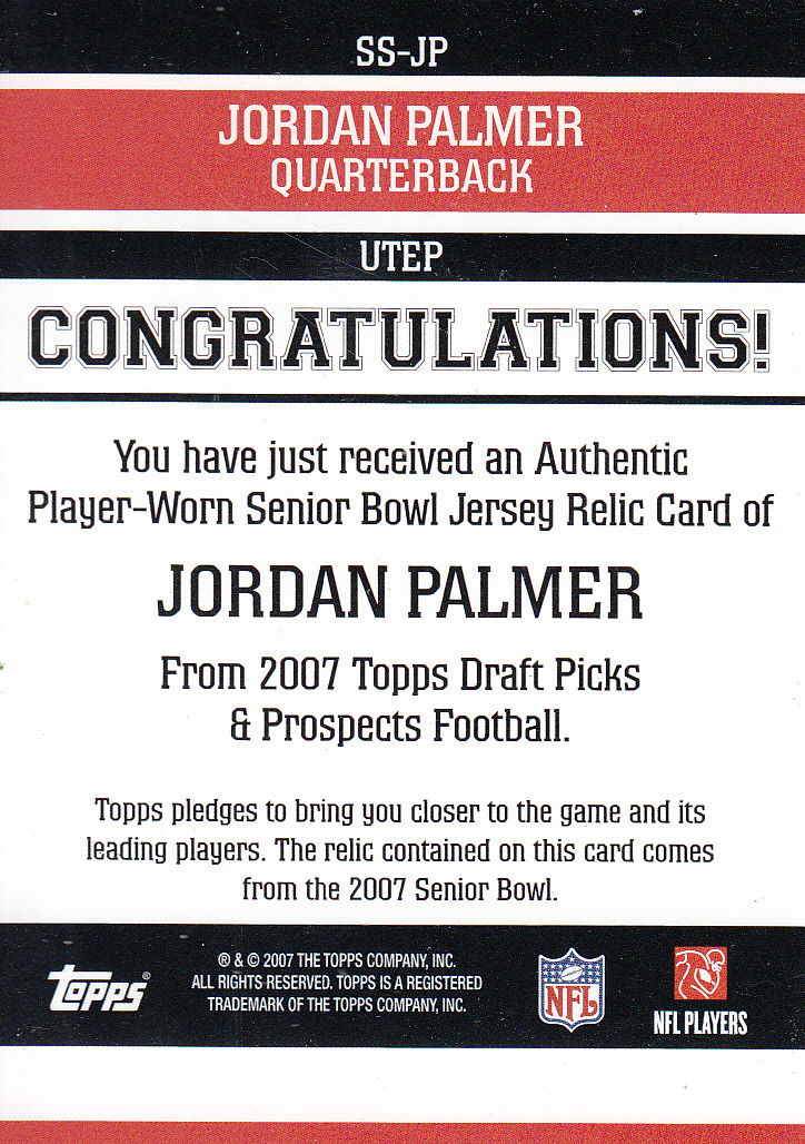 2007 Topps Draft Picks and Prospects Senior Standout Jersey #JP Jordan Palmer back image