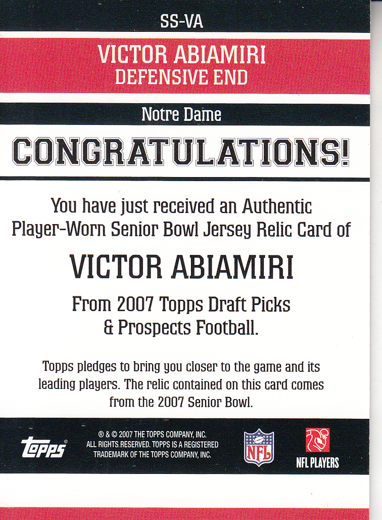 2007 Topps Draft Picks and Prospects Senior Standout Jersey #VA Victor Abiamiri back image