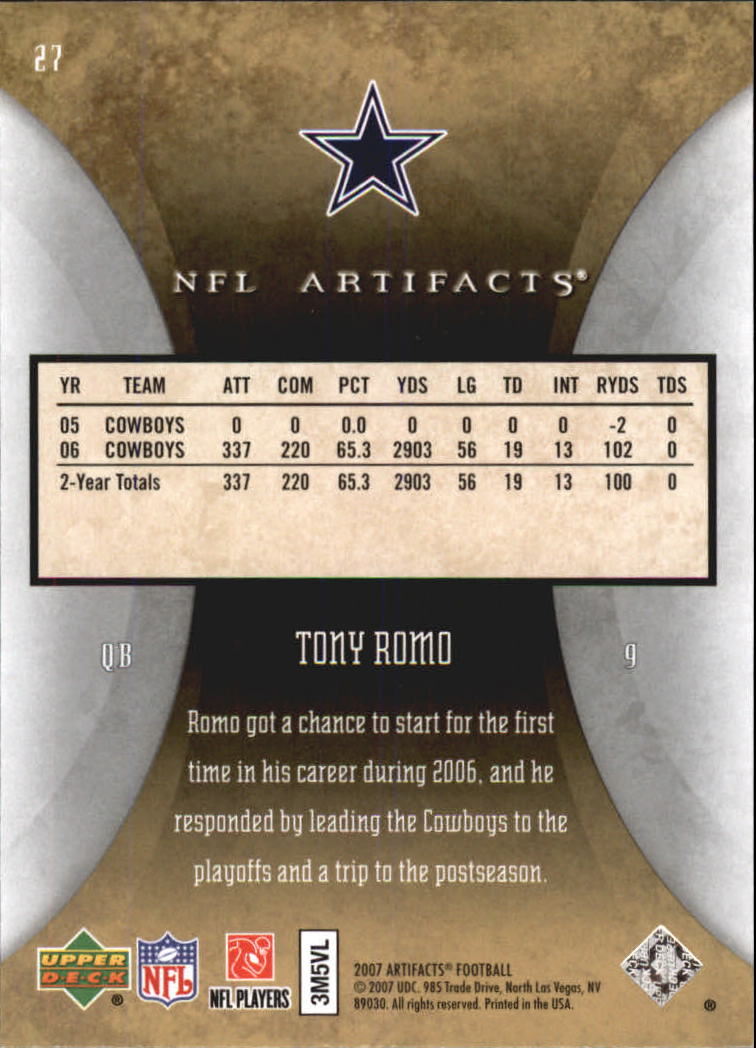 2007 Artifacts #27 Tony Romo back image