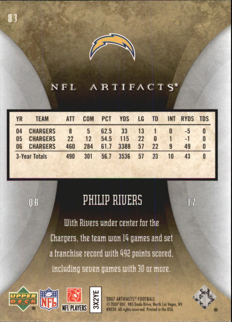 2007 Artifacts #83 Philip Rivers back image