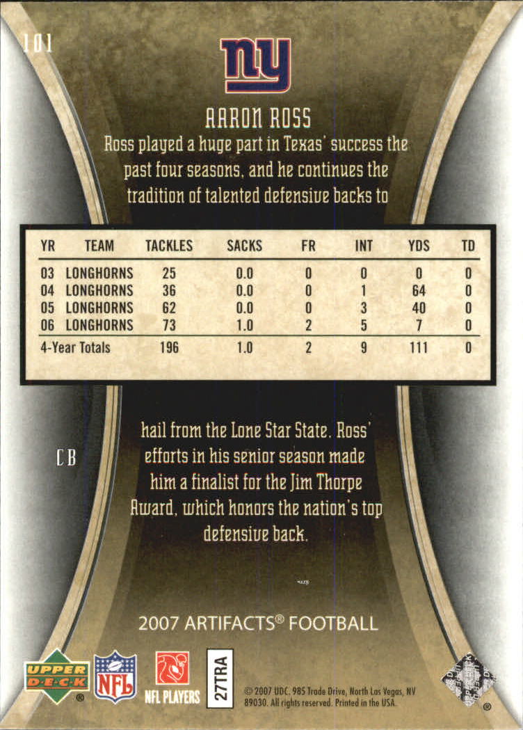 2007 Artifacts (Upper Deck) Football "Main Set" Cards #1 to #200 - Bild 203 von 319