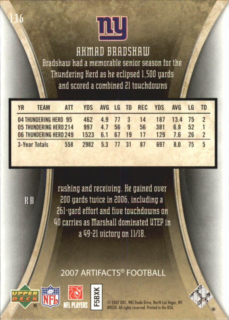 2007 Artifacts (Upper Deck) Football "Main Set" Cards #1 to #200 - Bild 239 von 319