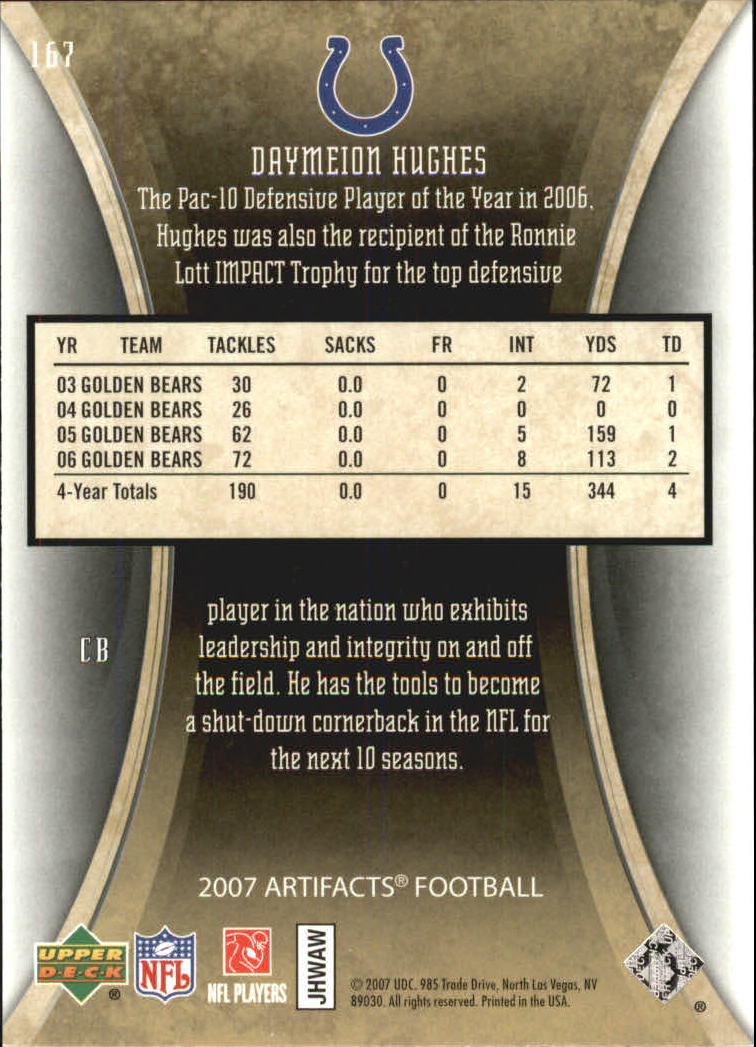 2007 Artifacts #167 Daymeion Hughes RC back image