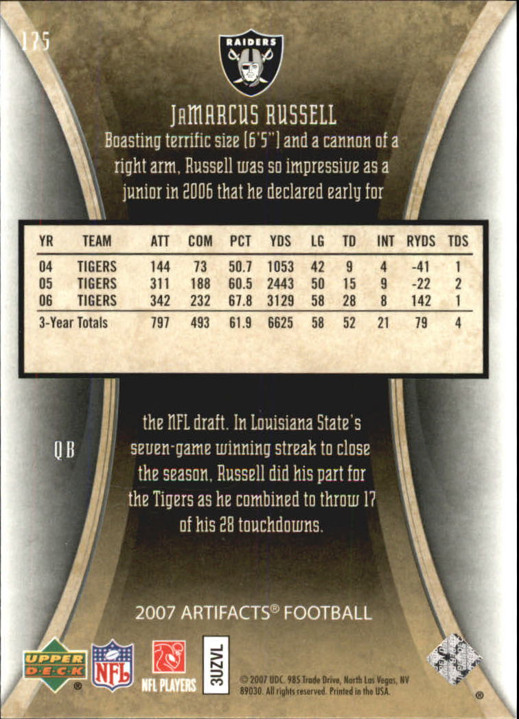 2007 Artifacts (Upper Deck) Football "Main Set" Cards #1 to #200 - Bild 289 von 319