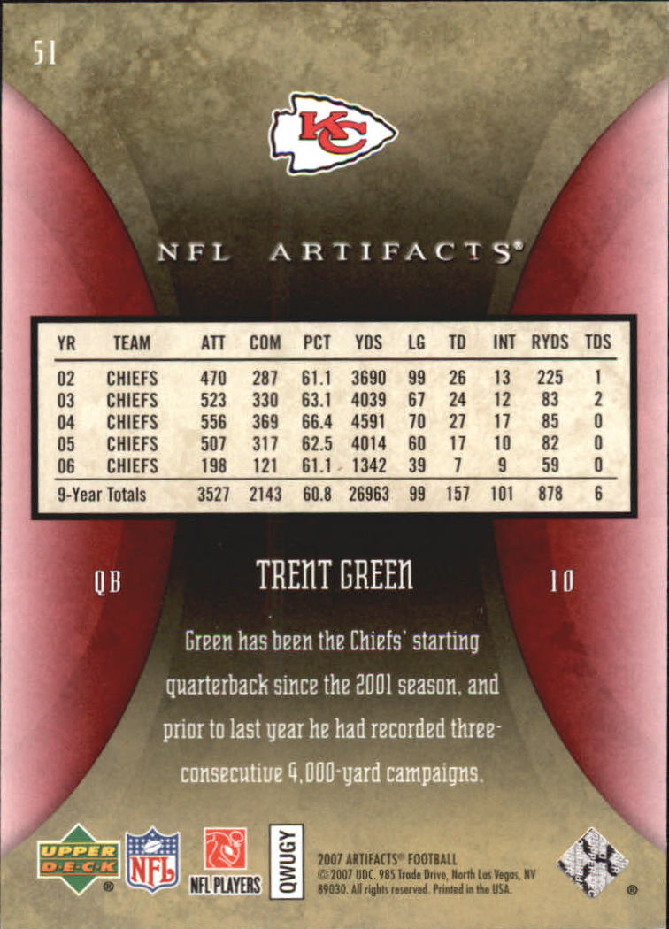 2007 Artifacts Red #51 Trent Green back image
