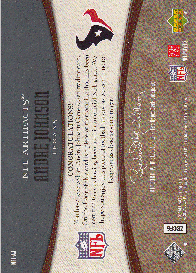 2007 Artifacts NFL Artifacts #NFLAJ Andre Johnson back image