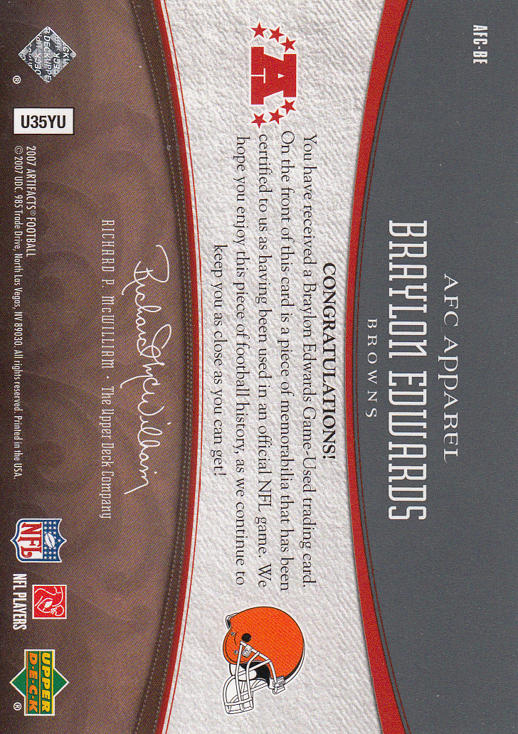 2007 Artifacts AFC/NFC Apparel #BE Braylon Edwards back image