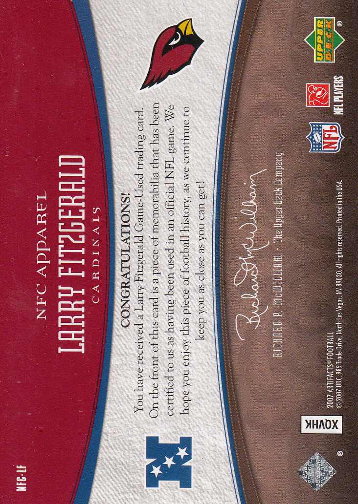 2007 Artifacts AFC/NFC Apparel Red #LF Larry Fitzgerald back image