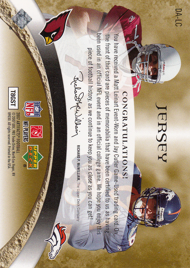 2007 Artifacts NFL Artifacts Dual #LC Matt Leinart/Jay Cutler back image