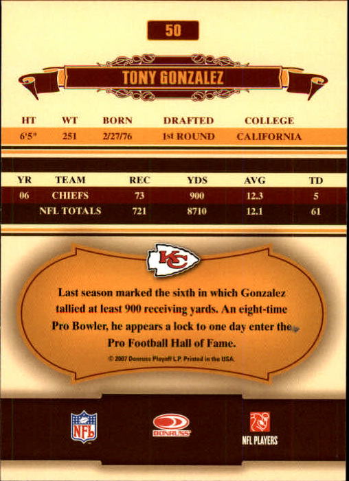 2007 Donruss Classics #50 Tony Gonzalez back image