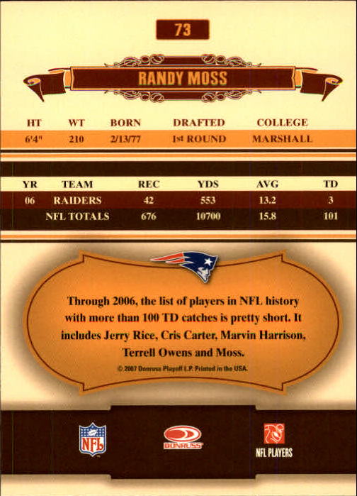 2007 Donruss Classics #73 Randy Moss back image