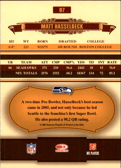 2007 Donruss Classics #87 Matt Hasselbeck back image