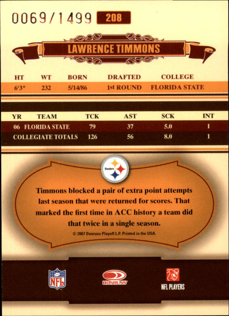 2007 Donruss Classics #208 Lawrence Timmons/1499 RC back image