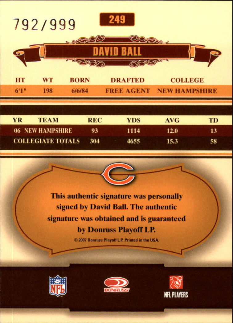 2007 Donruss Classics #249 David Ball AU/999 RC back image