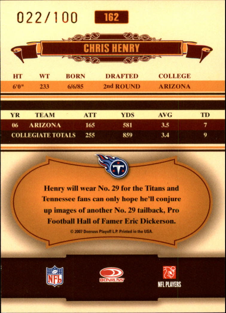 2007 Donruss Classics Timeless Tributes Bronze #162 Chris Henry back image