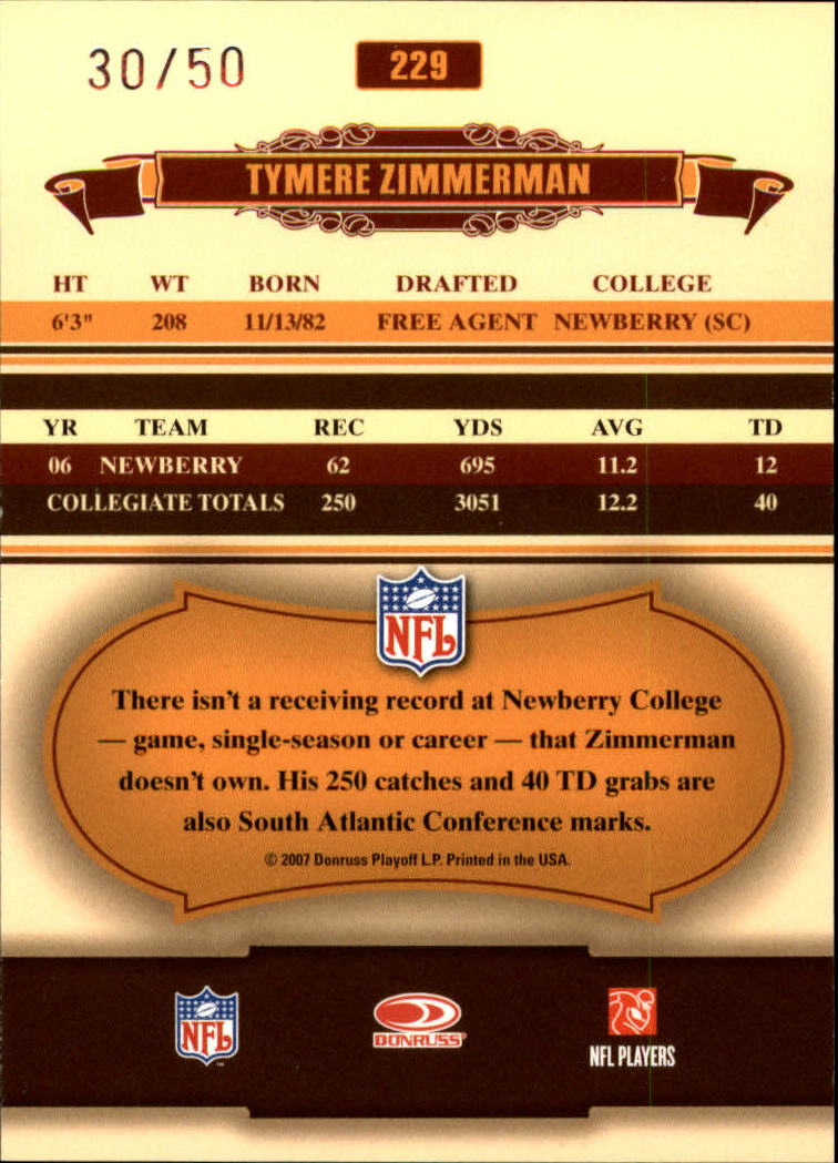 2007 Donruss Classics Timeless Tributes Silver #229 Tymere Zimmerman back image