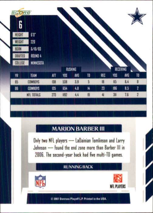 2007 Score #6 Marion Barber back image