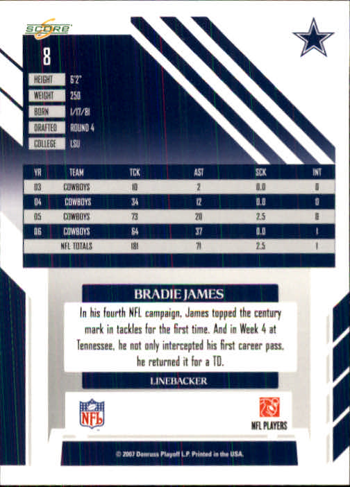 2007 Score #8 Bradie James back image