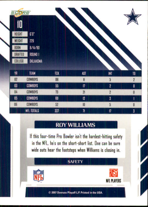 2007 Score #10 Roy Williams S back image