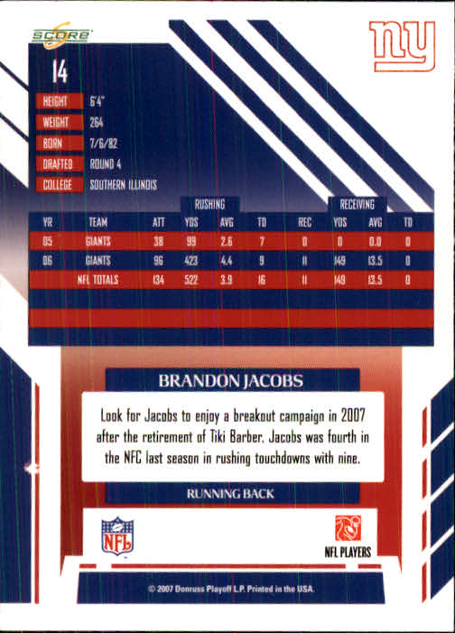 2007 Score #14 Brandon Jacobs back image