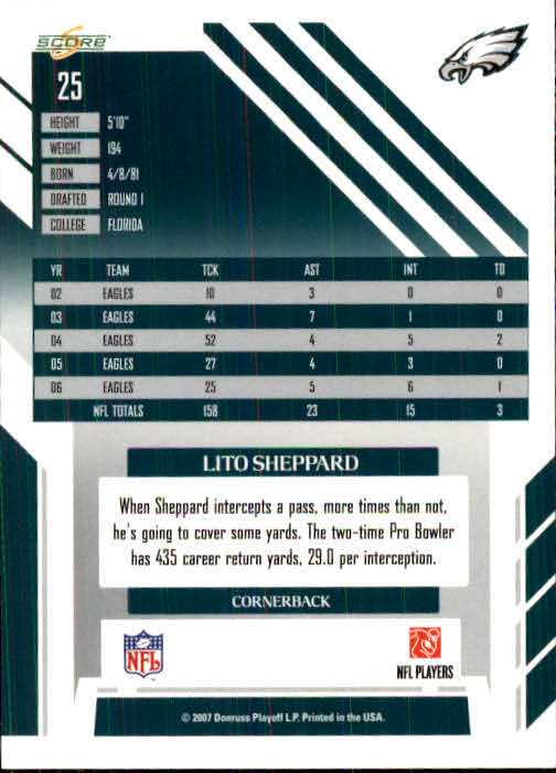 2007 Score #25 Lito Sheppard back image