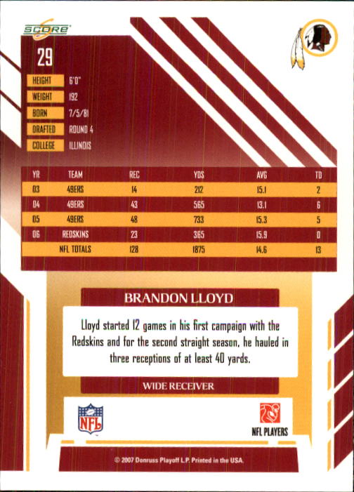 2007 Score #29 Brandon Lloyd back image