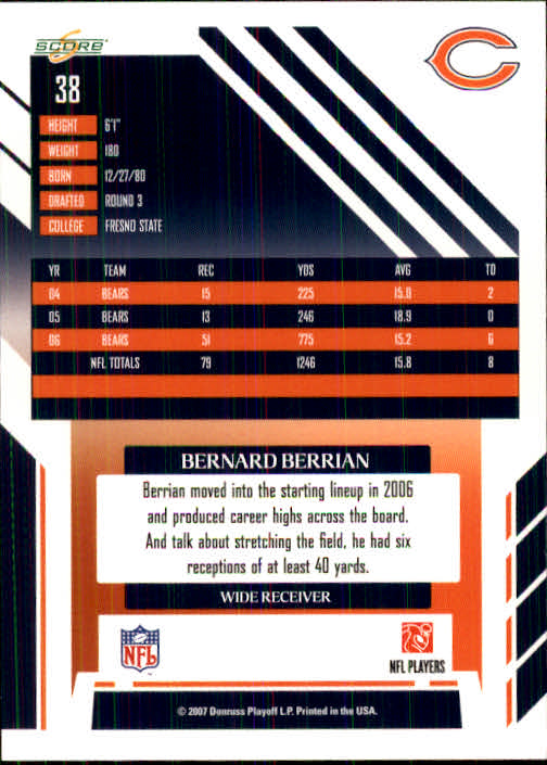 2007 Score #38 Bernard Berrian back image