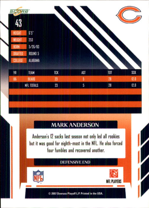 2007 Score #43 Mark Anderson back image