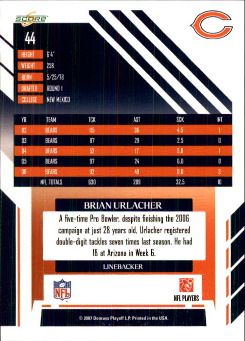 2007 Score #44 Brian Urlacher back image