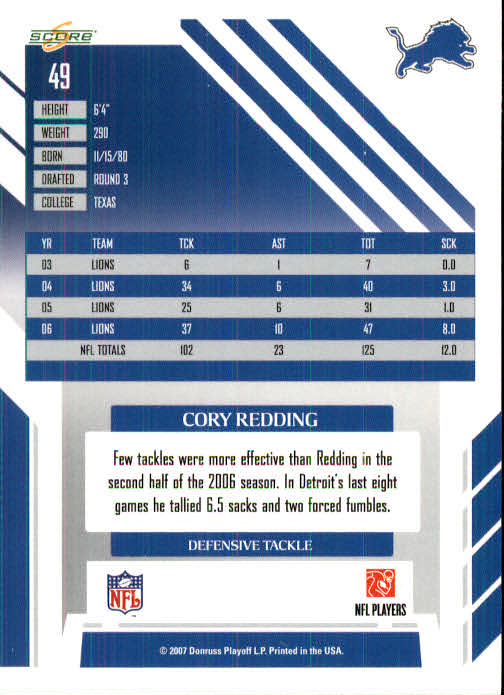 2007 Score #49 Cory Redding back image