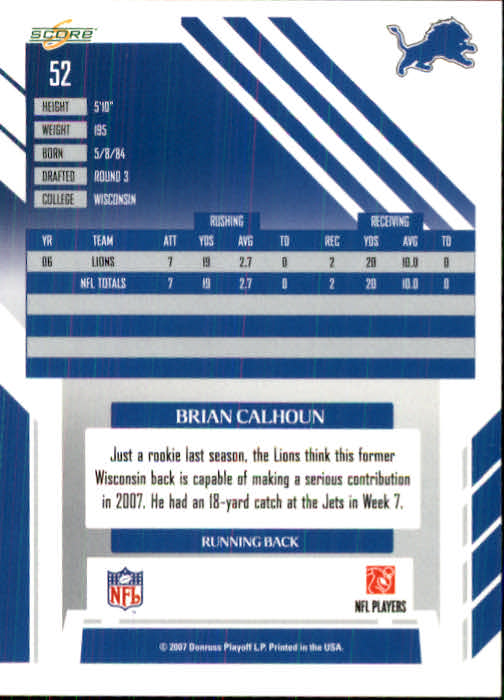 2007 Score #52 Brian Calhoun back image