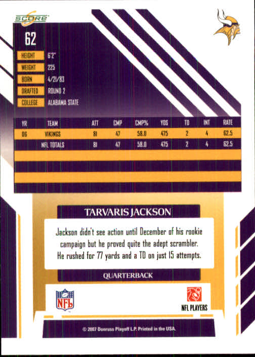 2007 Score #62 Tarvaris Jackson back image