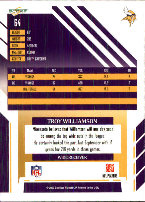 2007 Score #64 Troy Williamson back image