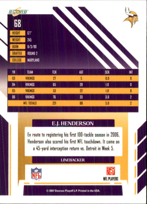 2007 Score #68 E.J. Henderson back image