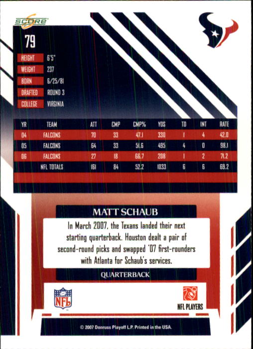 2007 Score #79 Matt Schaub back image