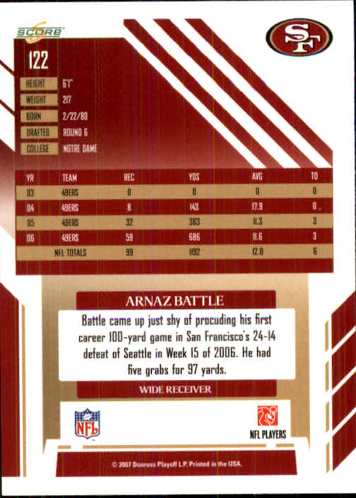 2007 Score #122 Arnaz Battle back image