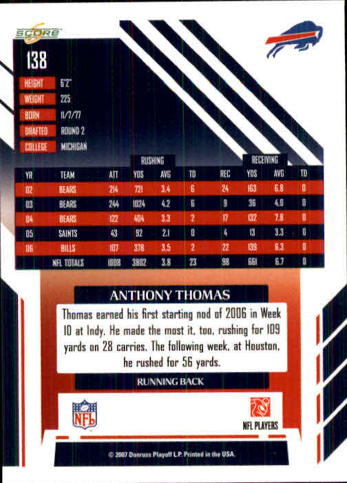 2007 Score #138 Anthony Thomas back image
