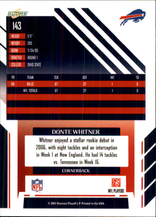 2007 Score #143 Donte Whitner back image