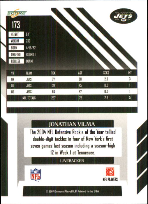2007 Score #173 Jonathan Vilma back image