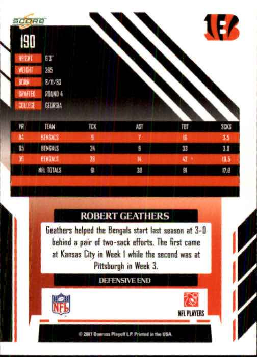 2007 Score #190 Robert Geathers back image